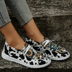 Women's Sunflower Canvas Slip-On Shoes Cow Print Low-Top Walking Flats