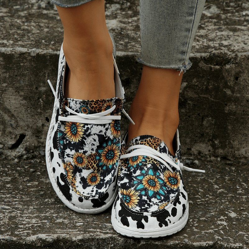 Women's Sunflower Canvas Slip-On Shoes Cow Print Low-Top Walking Flats