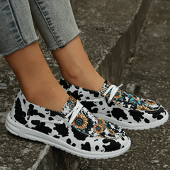 Women's Sunflower Canvas Slip-On Shoes Cow Print Low-Top Walking Flats