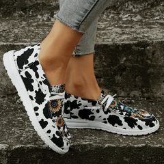 Women's Sunflower Canvas Slip-On Shoes Cow Print Low-Top Walking Flats
