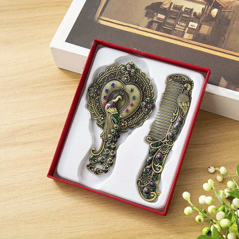 Vintage Mirror Comb Set Peacock Embossed Vanity Makeup Mirror