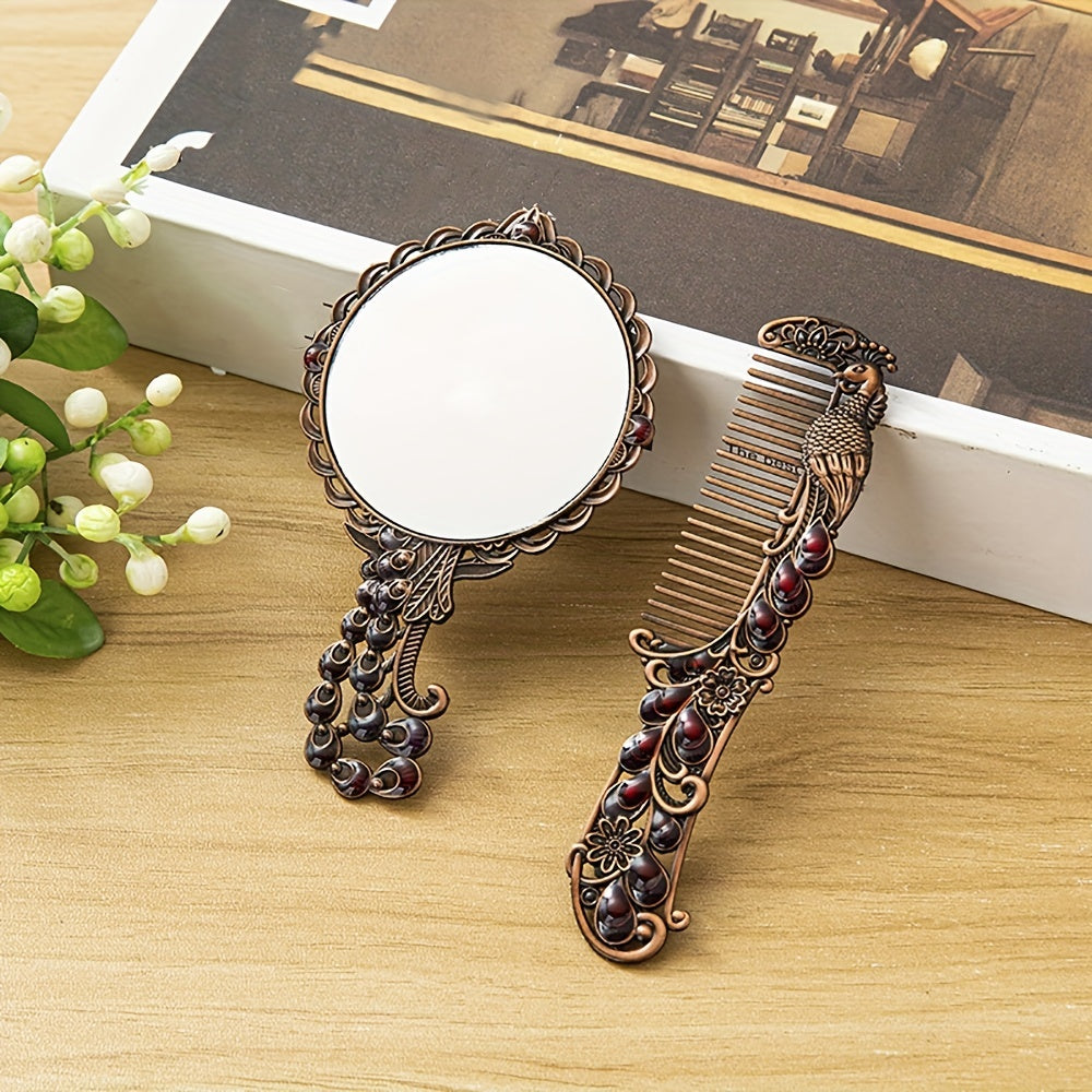 Vintage Mirror Comb Set Peacock Embossed Vanity Makeup Mirror