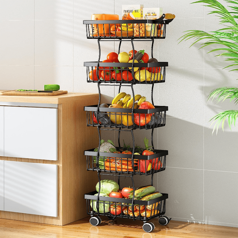 5 Tier Fruit/Vegetable Wire Basket on Wheels for Kitchen Storage
