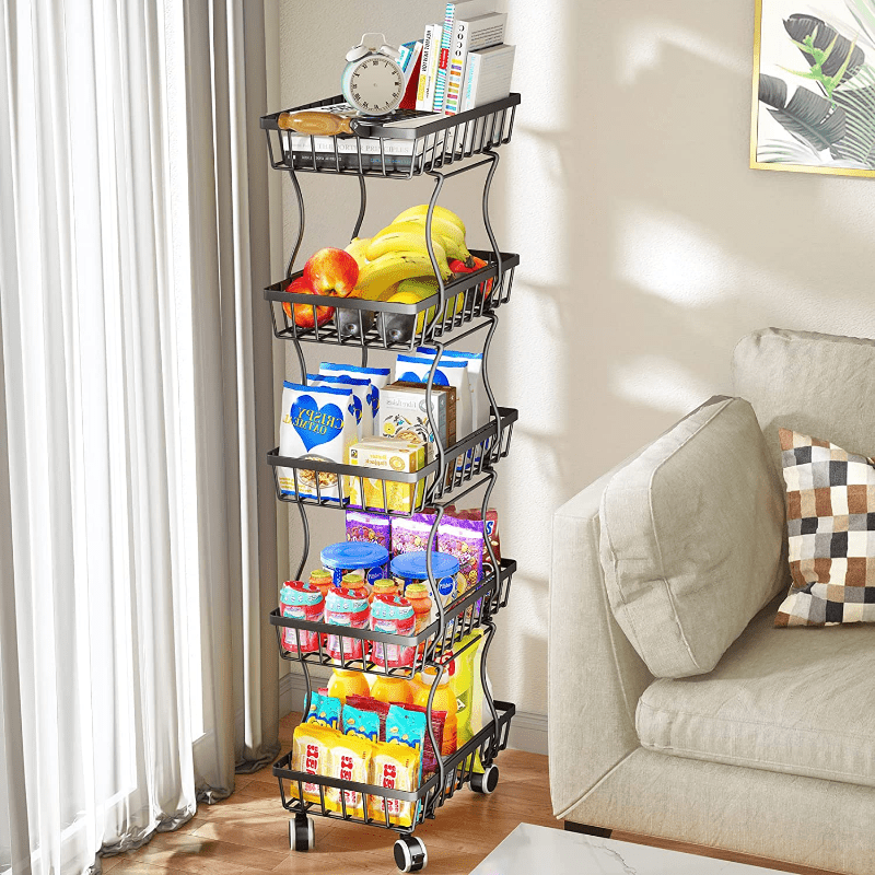 5 Tier Fruit/Vegetable Wire Basket on Wheels for Kitchen Storage
