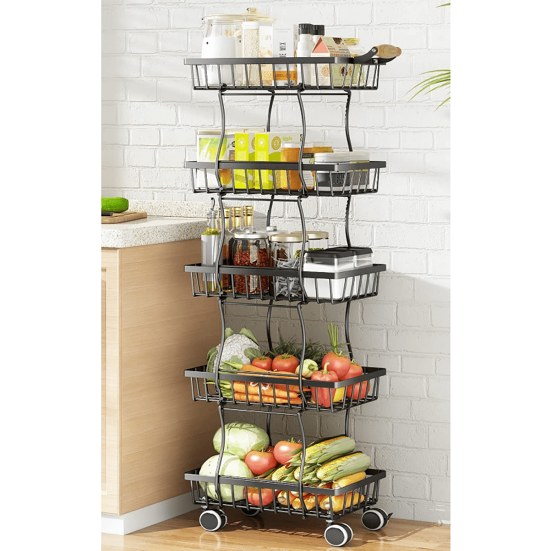 5 Tier Fruit/Vegetable Wire Basket on Wheels for Kitchen Storage