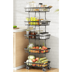 5 Tier Fruit/Vegetable Wire Basket on Wheels for Kitchen Storage