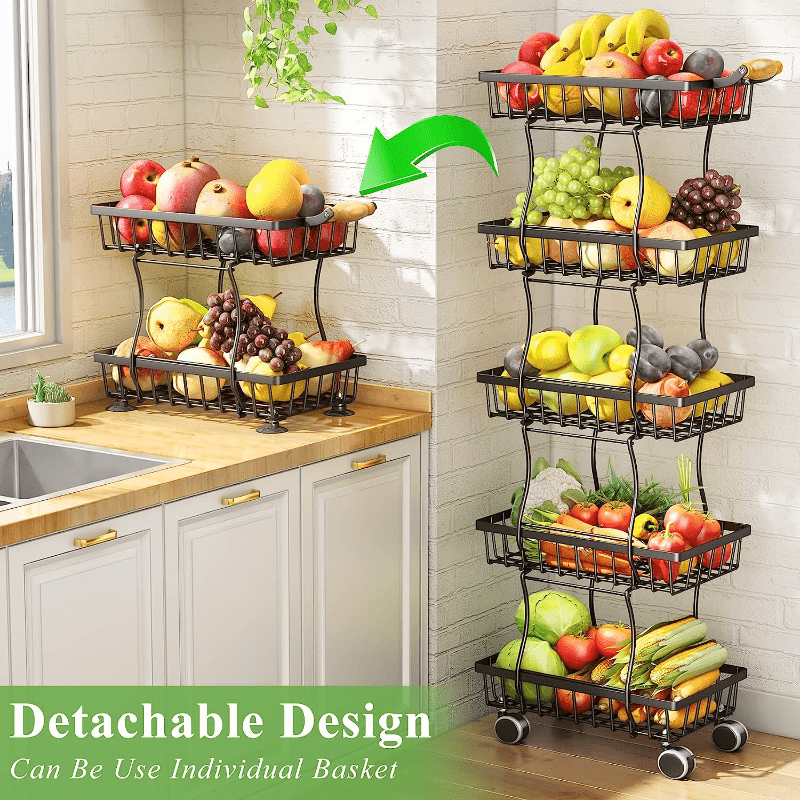 5 Tier Fruit/Vegetable Wire Basket on Wheels for Kitchen Storage