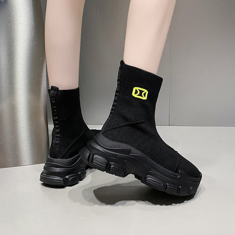 Women's Knitted Platform Sock Boots Slip On Stretch Ankle Boots