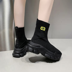 Women's Knitted Platform Sock Boots Slip On Stretch Ankle Boots