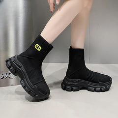 Women's Knitted Platform Sock Boots Slip On Stretch Ankle Boots