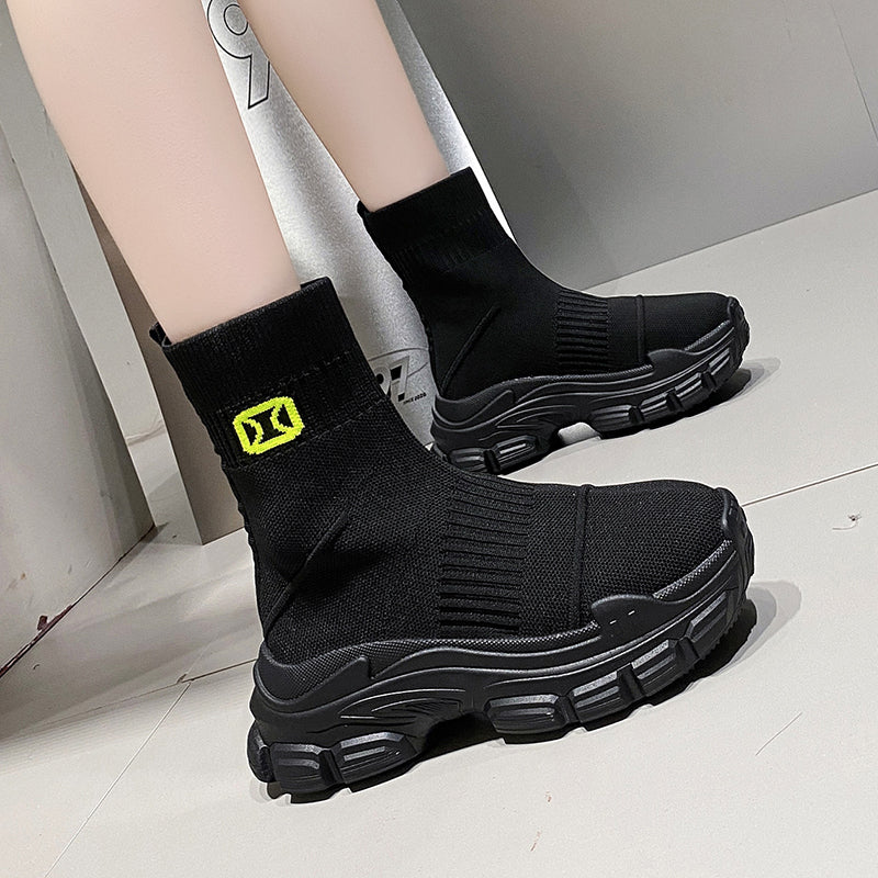 Women's Knitted Platform Sock Boots Slip On Stretch Ankle Boots