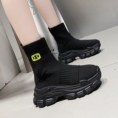 Women's Knitted Platform Sock Boots Slip On Stretch Ankle Boots