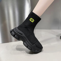 Women's Knitted Platform Sock Boots Slip On Stretch Ankle Boots