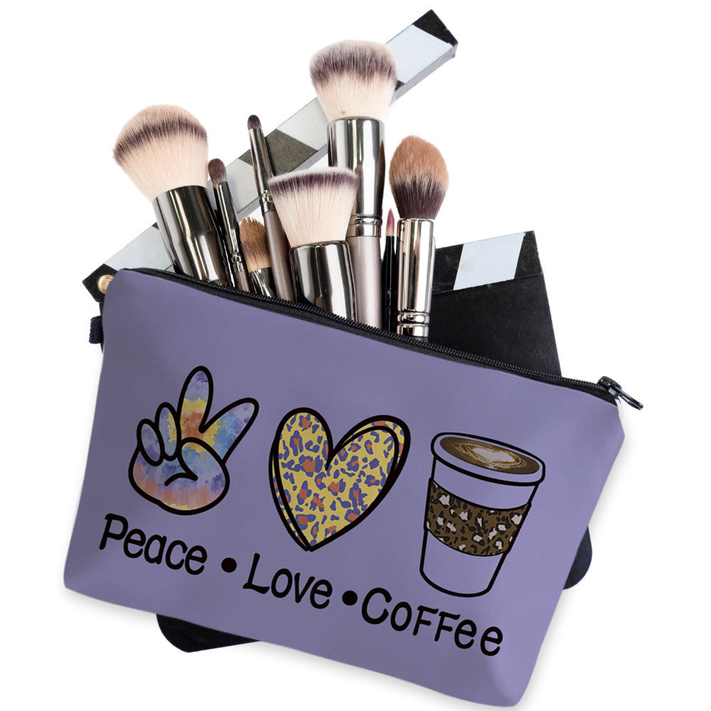 Peace Love Coffee Print Zipper Makeup Bag For Women Waterproof Purse
