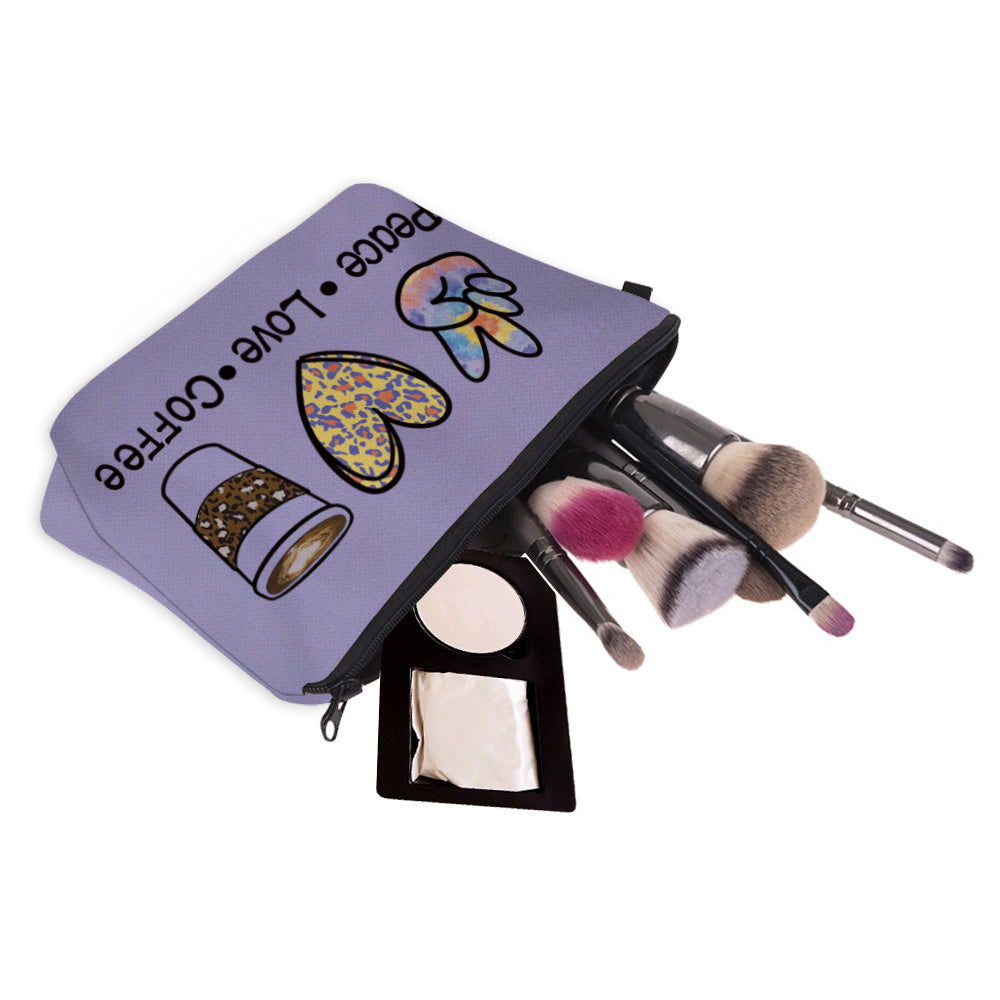 Peace Love Coffee Print Zipper Makeup Bag For Women Waterproof Purse