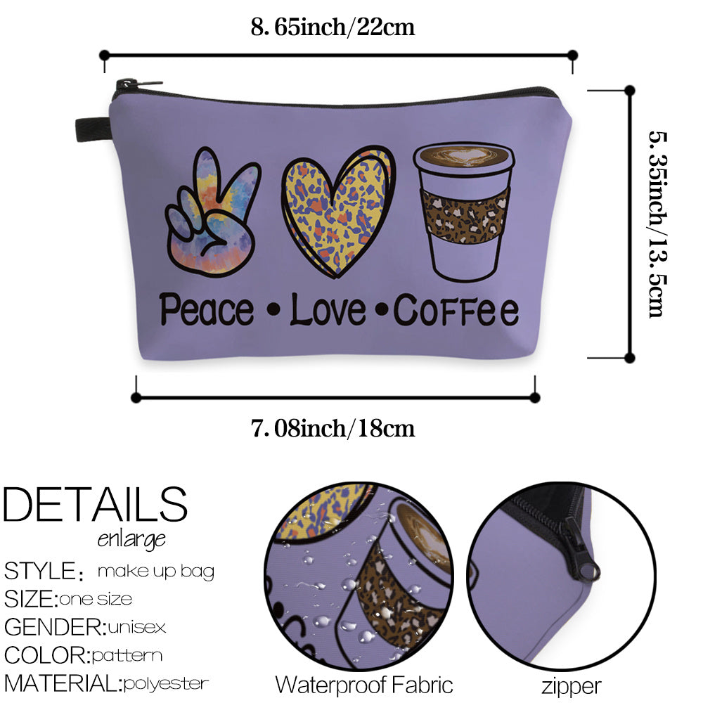 Peace Love Coffee Print Zipper Makeup Bag For Women Waterproof Purse