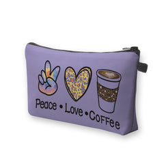 Peace Love Coffee Print Zipper Makeup Bag For Women Waterproof Purse