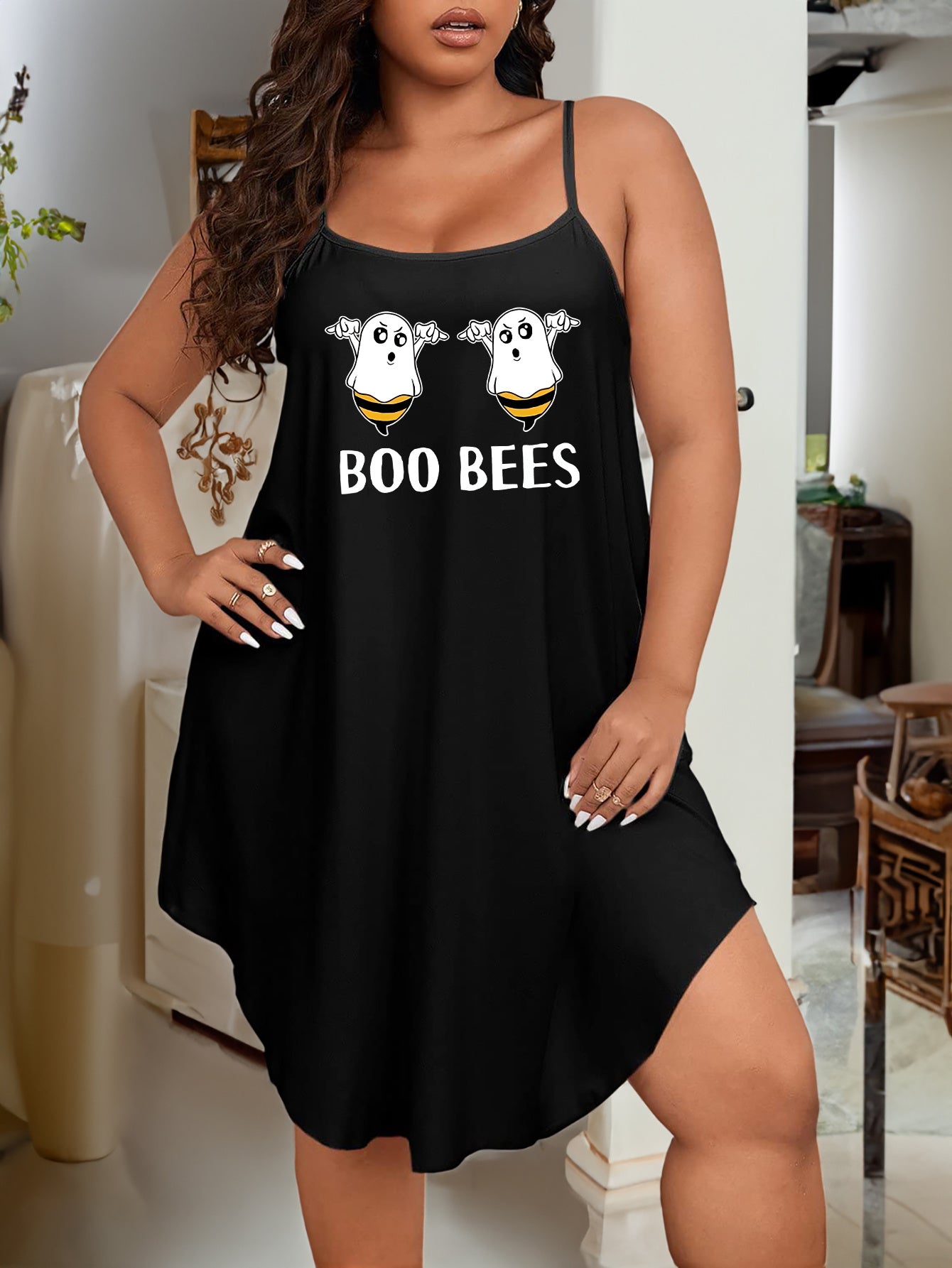 Halloween Lounge Dress Women's Bee Ghost Print Stretch Cami Nightdress