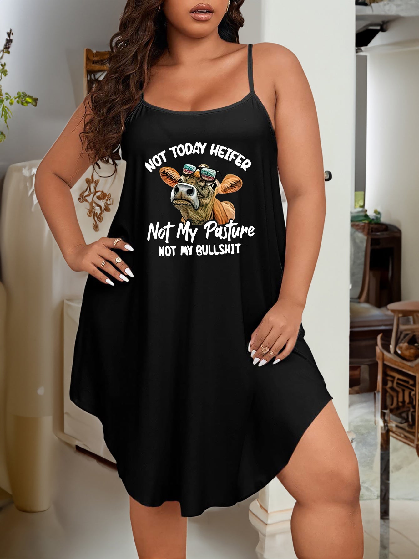 Sexy Lounge Dress Women's Plus Cow & Slogan Print