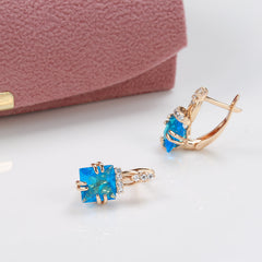 Shining Square Aqua Stone Earrings Bride Wedding Jewelry For Women