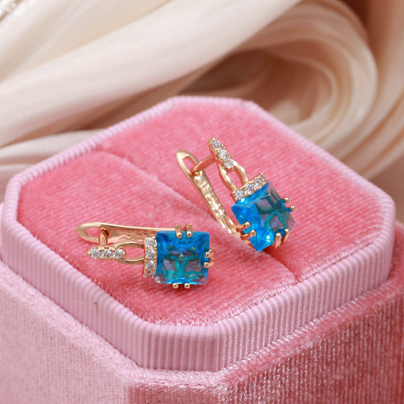 Shining Square Aqua Stone Earrings Bride Wedding Jewelry For Women