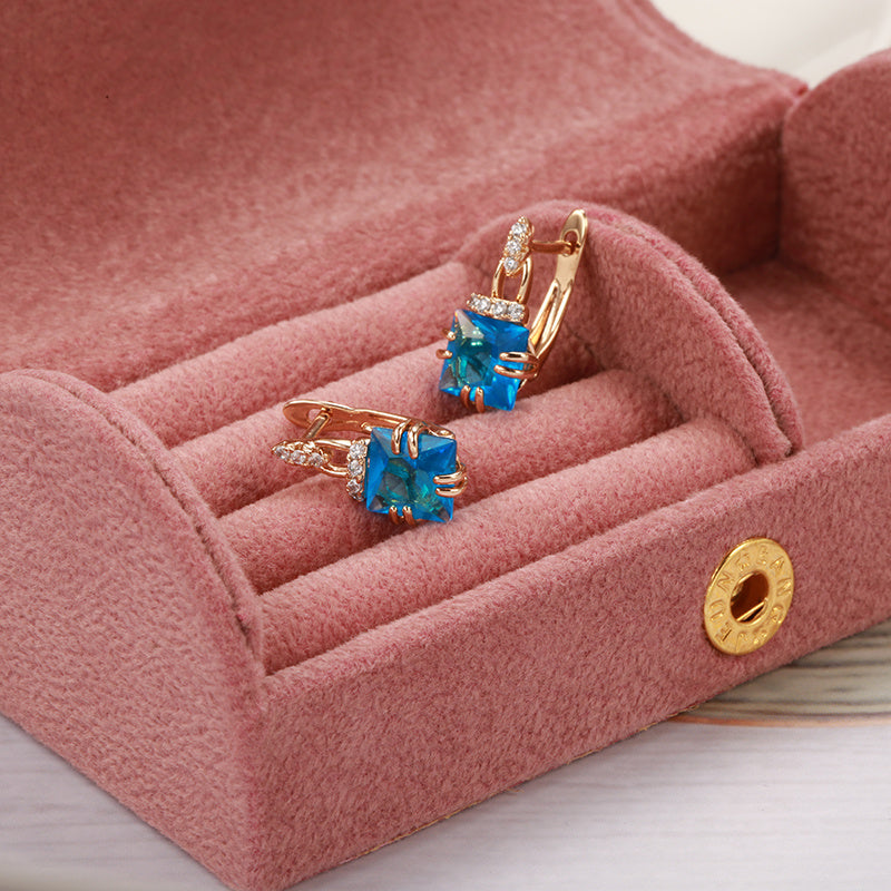 Shining Square Aqua Stone Earrings Bride Wedding Jewelry For Women