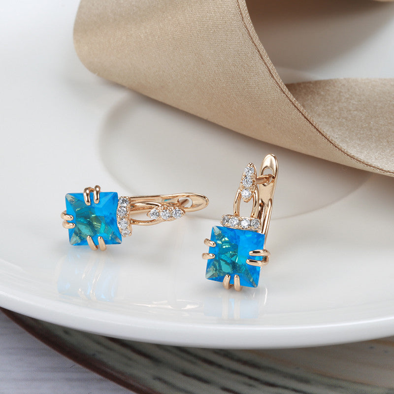 Shining Square Aqua Stone Earrings Bride Wedding Jewelry For Women