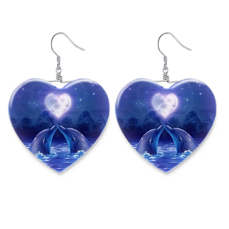 Dolphin Pattern Heart Earrings for Girls