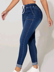Skinny Jeans Drawstring Elastic Mid Stretch Denim Pants