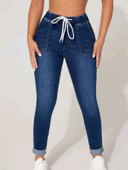 Skinny Jeans Drawstring Elastic Mid Stretch Denim Pants