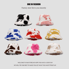 Fashionable Cow Pattern Plush Retro Bucket Hat Autumn Winter Warm Hat