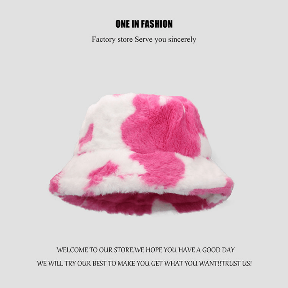 Fashionable Cow Pattern Plush Retro Bucket Hat Autumn Winter Warm Hat