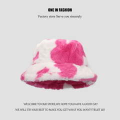 Fashionable Cow Pattern Plush Retro Bucket Hat Autumn Winter Warm Hat