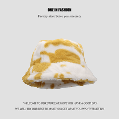 Fashionable Cow Pattern Plush Retro Bucket Hat Autumn Winter Warm Hat