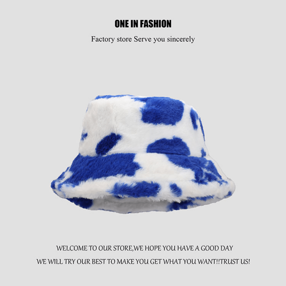 Fashionable Cow Pattern Plush Retro Bucket Hat Autumn Winter Warm Hat