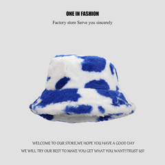 Fashionable Cow Pattern Plush Retro Bucket Hat Autumn Winter Warm Hat