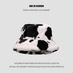 Fashionable Cow Pattern Plush Retro Bucket Hat Autumn Winter Warm Hat