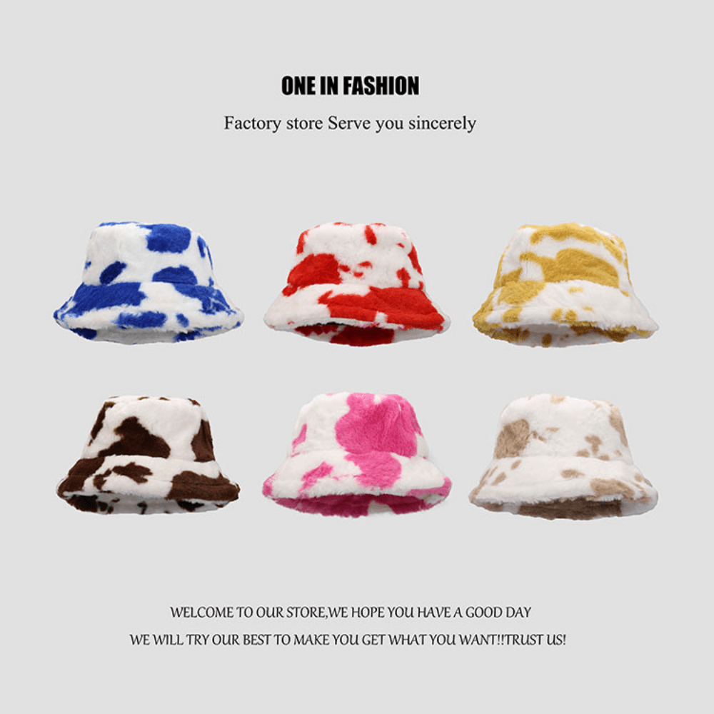 Fashionable Cow Pattern Plush Retro Bucket Hat Autumn Winter Warm Hat