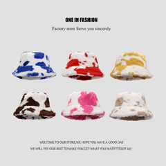 Fashionable Cow Pattern Plush Retro Bucket Hat Autumn Winter Warm Hat