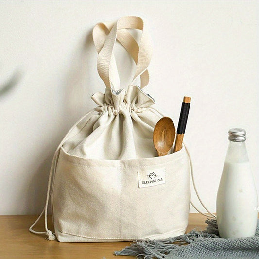 Canvas Lunch Bag Drawstring Portable Storage Bento Bag School Work Office Picnic