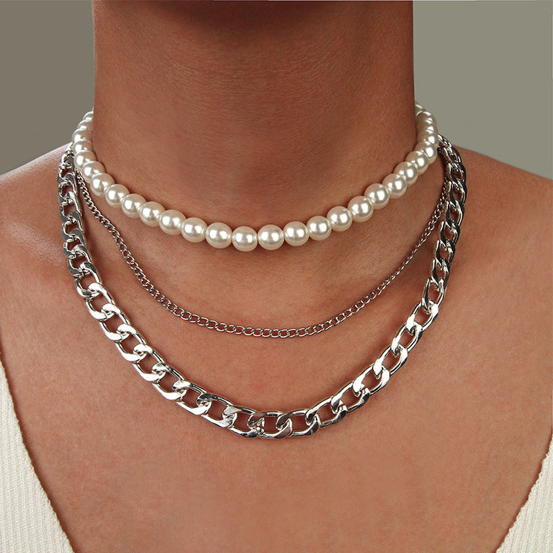 3pcs Punk Style Chain & Pearl Beaded Necklace