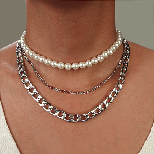 3pcs Punk Style Chain & Pearl Beaded Necklace