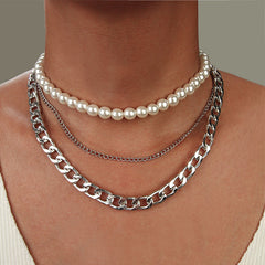 3pcs Punk Style Chain & Pearl Beaded Necklace