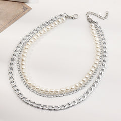 3pcs Punk Style Chain & Pearl Beaded Necklace