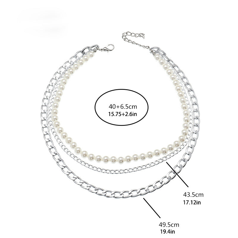 3pcs Punk Style Chain & Pearl Beaded Necklace