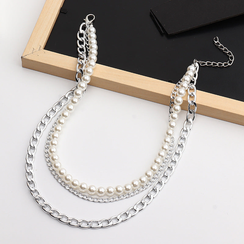 3pcs Punk Style Chain & Pearl Beaded Necklace