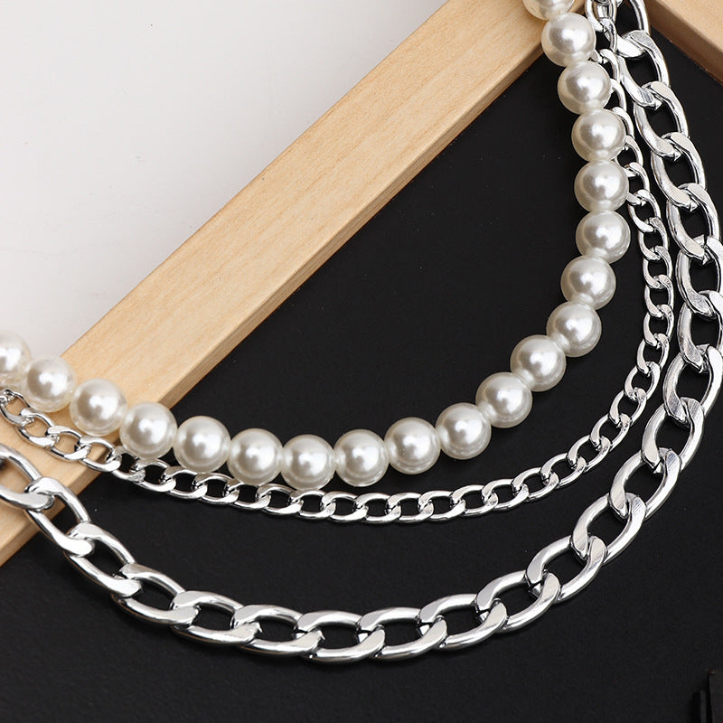3pcs Punk Style Chain & Pearl Beaded Necklace