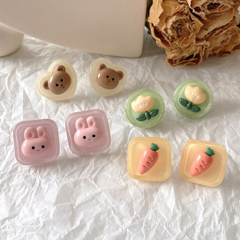 10pcs Candy Mini Resin Stud Earrings Cute Cartoon Pattern Niche Ear Jewelry
