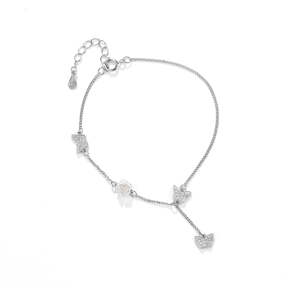 S925 Sterling Silver Chain Bracelet with Rose Butterfly Design