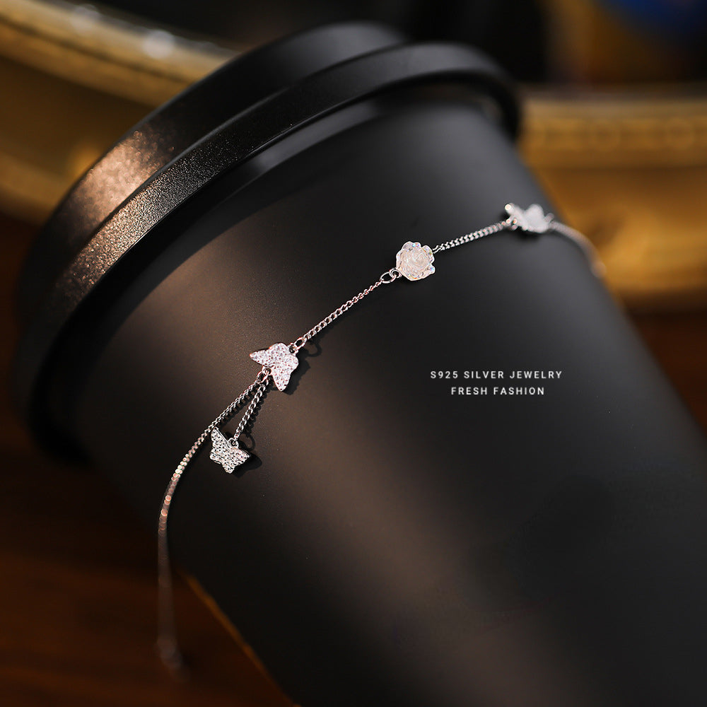 S925 Sterling Silver Chain Bracelet with Rose Butterfly Design